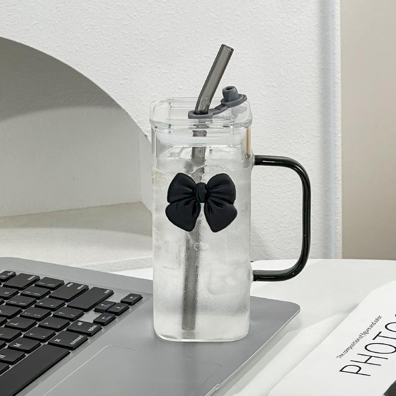 350ml Square Glass Straw Cup with Handle Bow Water Cup Household Cup Female Milk Coffee Cups with Pink Tumblers Handle Gift