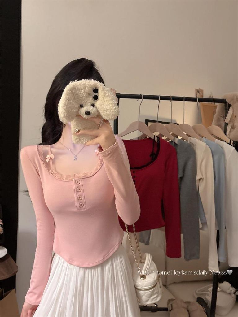 Women's Red Lace Patchwork Long Sleeve Slim-Fit T-shirt - Autumn/Winter Trendy Base Layer Top