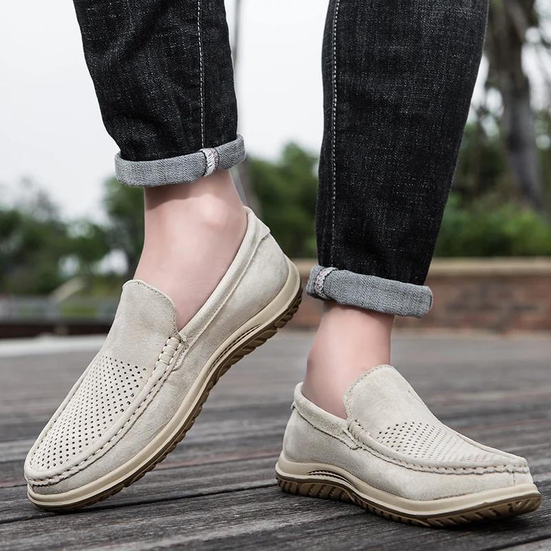 Fashion Summer New Men Shoes Genuine Leather Light Colour Loafers Men Breathable Hollow Out Flats Man Casual Slip on Driving Shoes Men