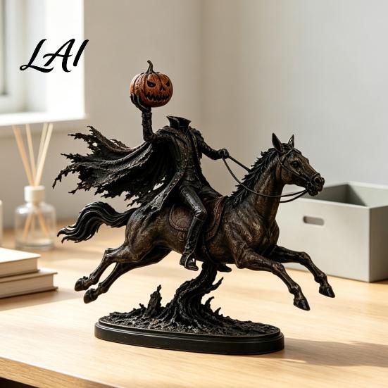 Künstlerische Schreibtischskulpturen Beleuchtete Kopflose Reiterstatue Aufleuchtendes Reitpferd Warme Gotische Wohnkultur Leuchtende LED-Kürbiskopfskulptur für