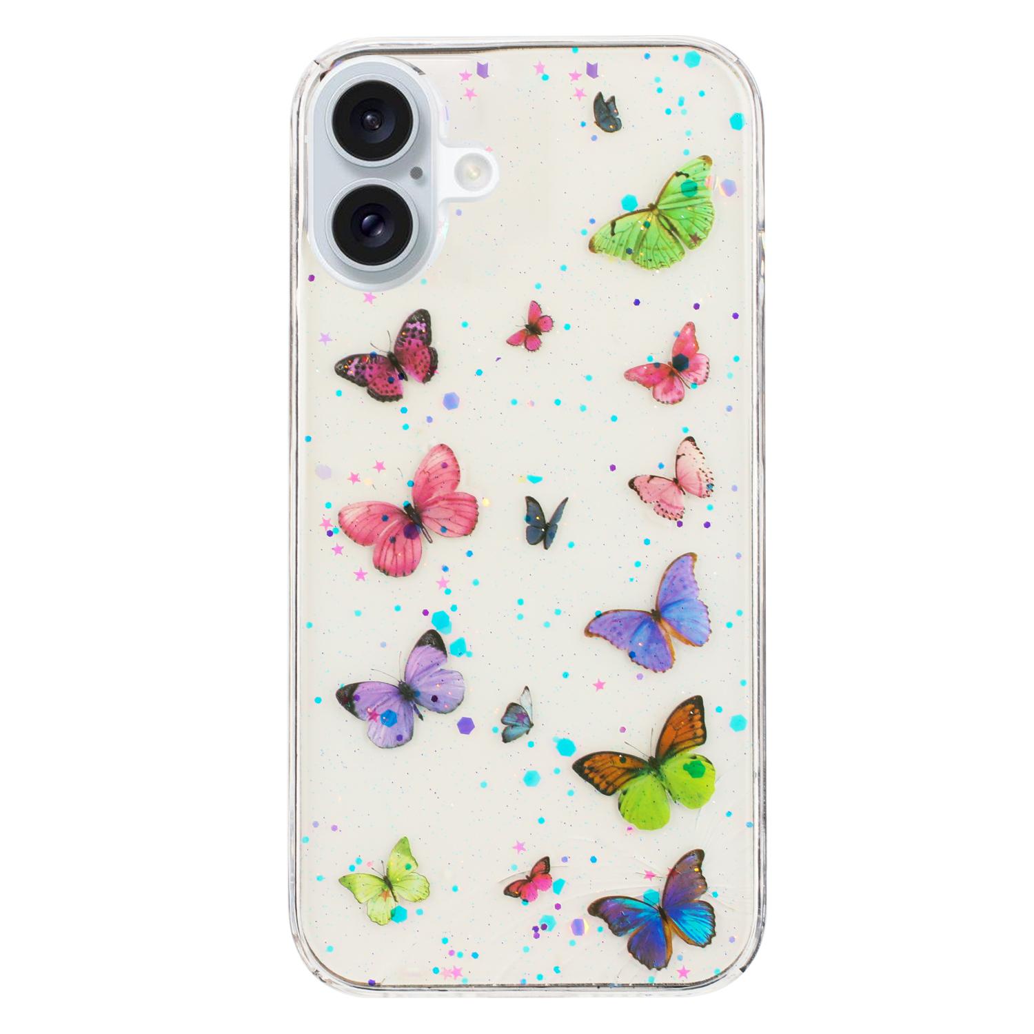 

For iPhone 16 Plus Case Anti Drop TPU Phone Back Cover Epoxy Glitter Butterfly Pink