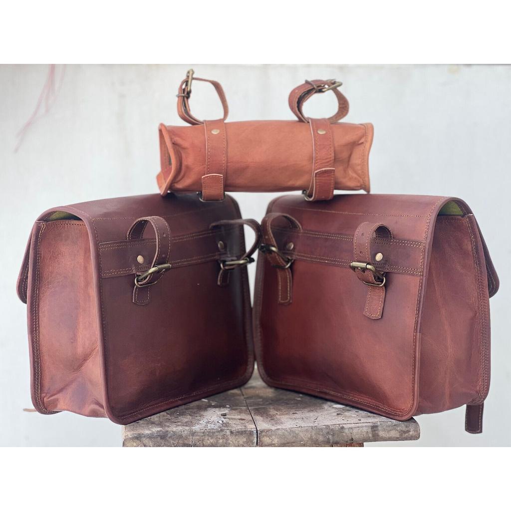 Set mit 3 Satteltaschen, Motorrad, braunes Vintage-Leder, Seitentasche, Packtaschen