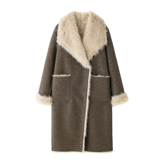 Faux Fur Long Trench Coat for Women Reversible Fuzzy Fleece Sherpa Lined Jackets Winter Furry Trimmed Casual Overcoat