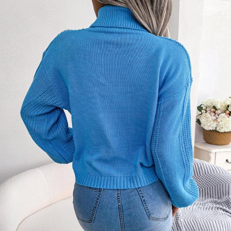 Women Autumn Winter Fashion High Neck Knitwear Top Lantern Sleeve Fried Dough Twist Sweater Bottoming