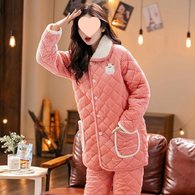 Pajamas women's winter warm winter fleece thickened coral fleece three layers of cotton autumn and winter women's loungewear