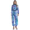 Women's Role Play Astronaut Outfit S-3XL, Shiny Metallic Jumpsuit with Mock Neck Long Sleeves, Zipper Bodysuit Halloween Costume