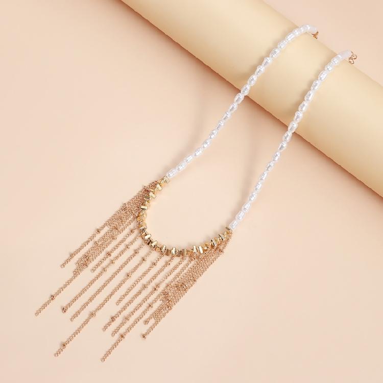 Delicate Layer Chain Chokers Necklace With Irregular Cultured Pearls And Cascading Tassels Embellishment