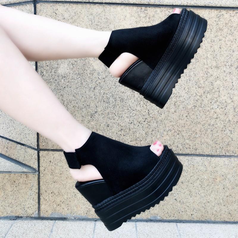 Fashion 2025 summer new Korean fish mouth women's shoes in the wedge with increased female sandals muffins bottom thick Roman shoes 13cm