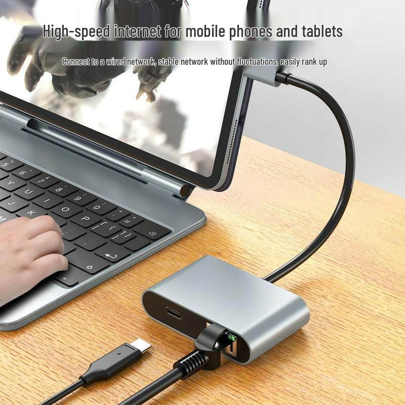 USB-C Ethernet Adapter: 4-in-1 Dock with RJ45, Dual USB Ports, and 60W PD Fast Charge