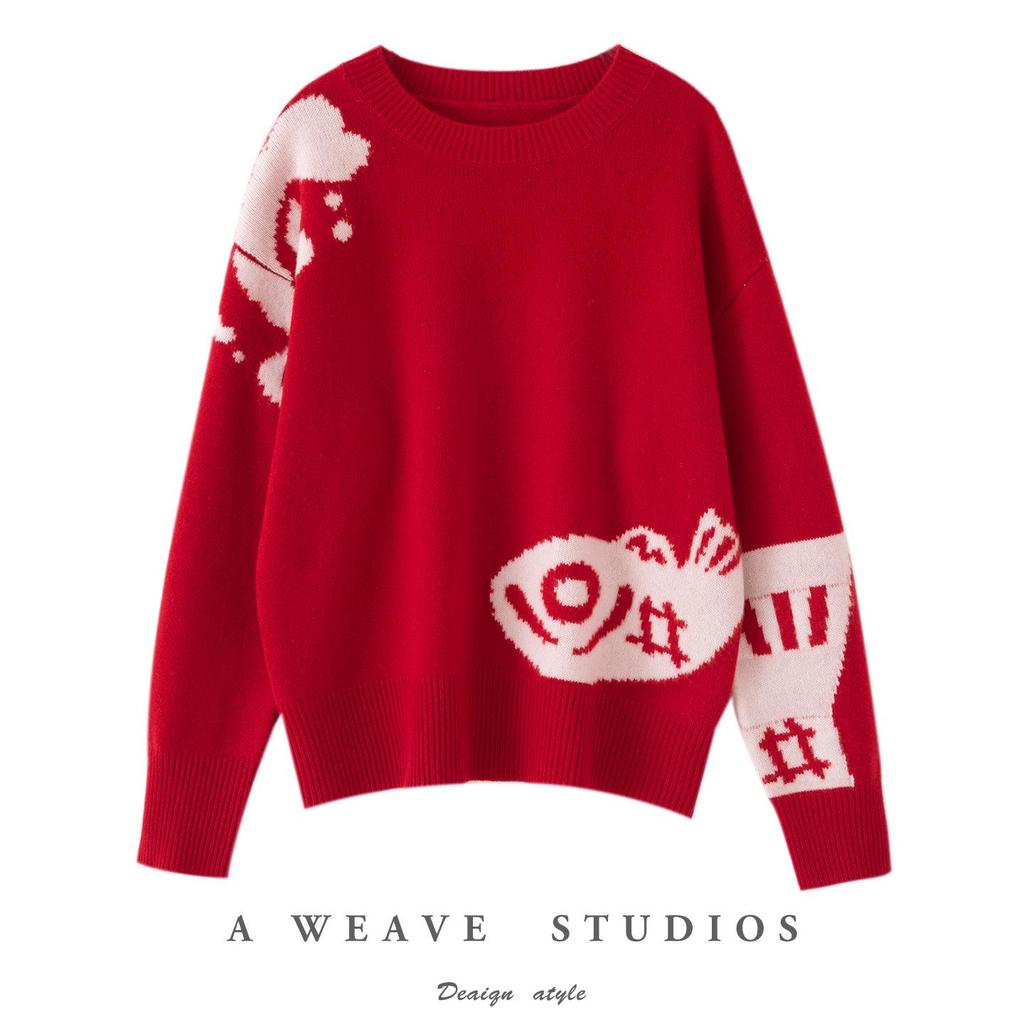 Women's Zodiac Year Red 100% Pure Wool Jacquard Sweater - Cozy, Soft, and Loose Fit