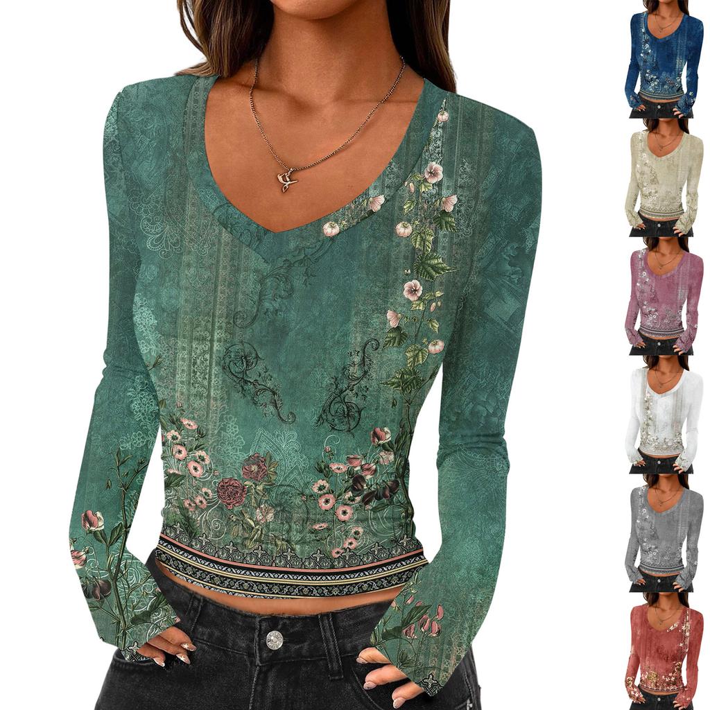 Women's Casual Fashion Deep V Neck Slim Cropped Retro Printed Outing Top