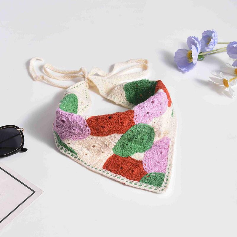 French Pastoral Style Triangle Headband Handmade Crochet Flower Headscarf Hat Knitted Girls Headband Towel