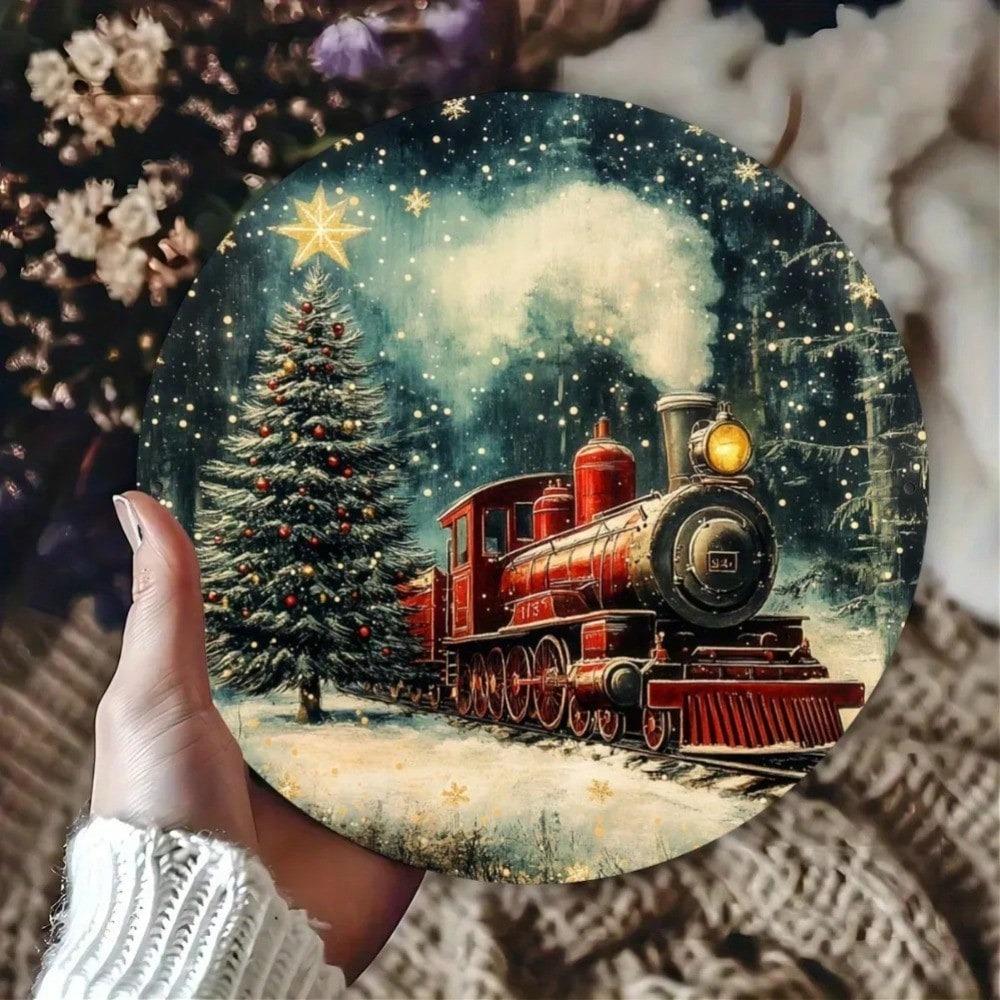 Metal Tin Sign Vintage Christmas Tree Train Wall Art Home Kitchen Decor