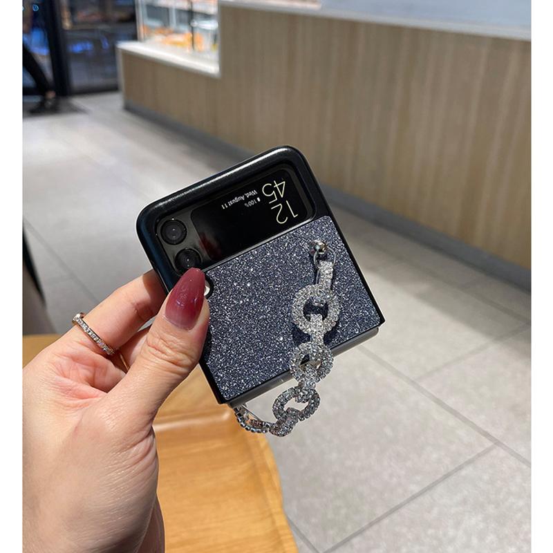 Husă pentru telefon din piele PU, brățară portabilă cu strasuri, cu sclipici, pudră, pentru Samsung Galaxy Z Flip 3 4 husă din spate