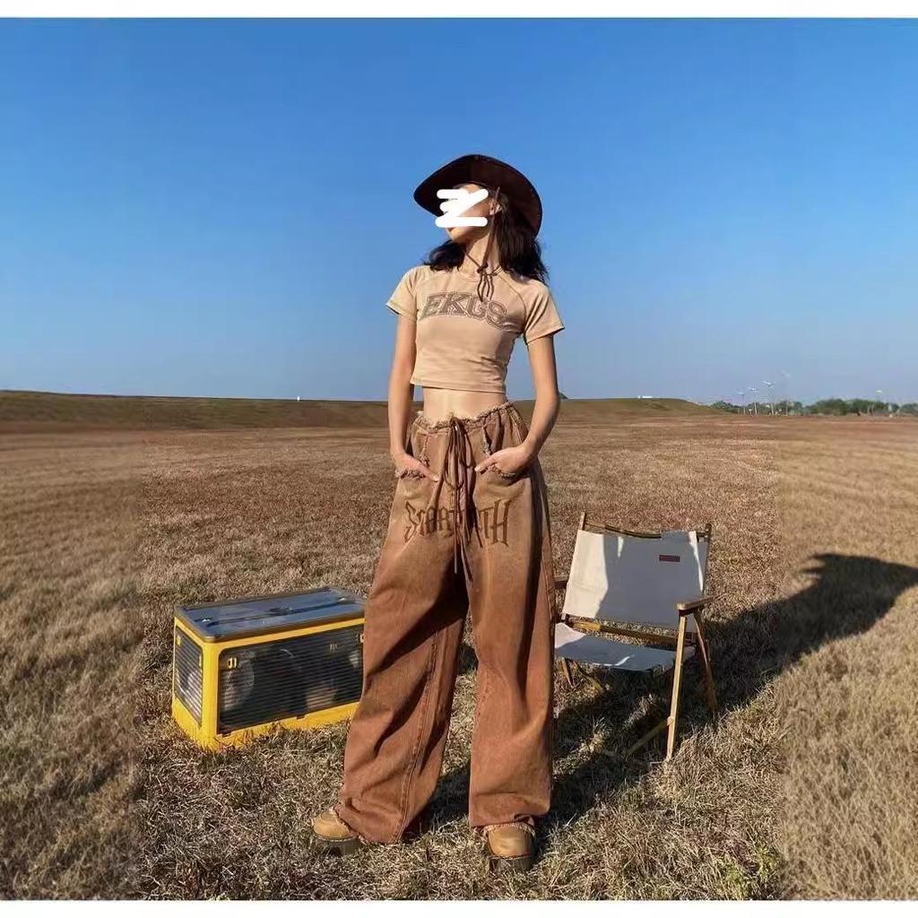 Women's American Retro Gradient Jeans: Large Size, Slim, Wide-Leg, Raw Edge Design for Spring and Autumn