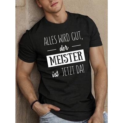 Europäische Größen Herren Freizeit Sommer T-Shirt mit deutschem Zitat, Rundhalsausschnitt, Kurze Ärmel, Stretch-Stoff, Geometrisches Muster, Schwarz mit Weißem Text