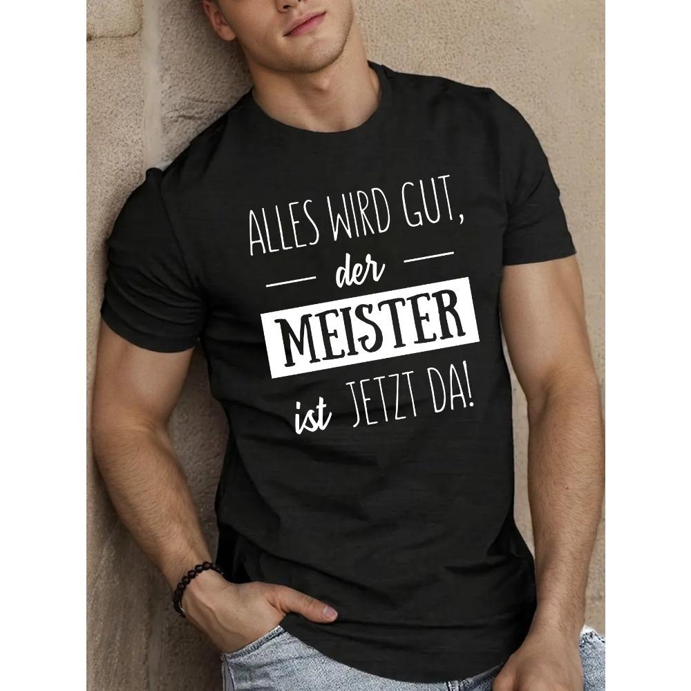 

European sizes Men S Casual Summer T-Shirt with German Quote, Round Neck, Short Sleeve, Stretch Fabric, Geometric Pattern, Black with White Text 4XL чорний