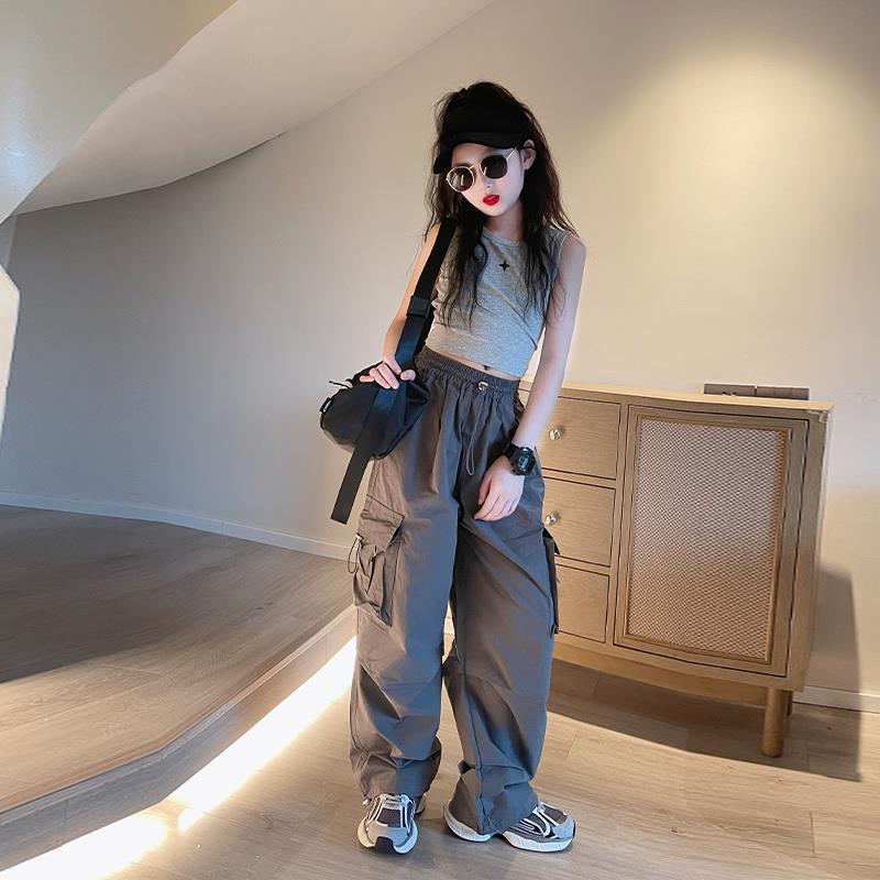 

Рабочие брюки для девочек Осенняя одежда Детские осенние брюки с широкими штанинами Брюки для девочек 140 серый