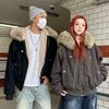 Unisex Krátká péřová bunda s kapucí Límec z umělé kožešiny Kontrastní švy Zapínání na zip Párový zimní kabát