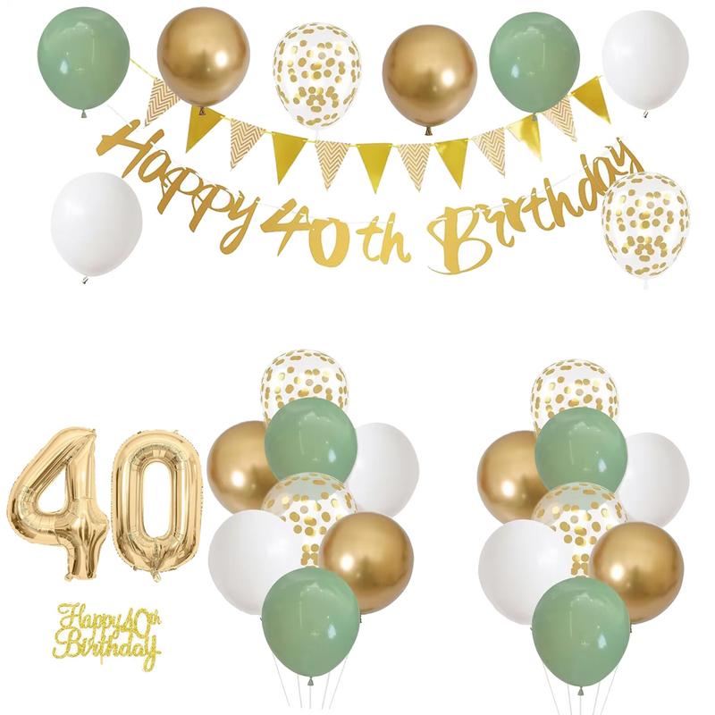 28 Pcs Birthday Decoration Set Foil Balloon Green Gold White Birthday Decorations Happy Birthday Banner, Balloons, Pennants kit