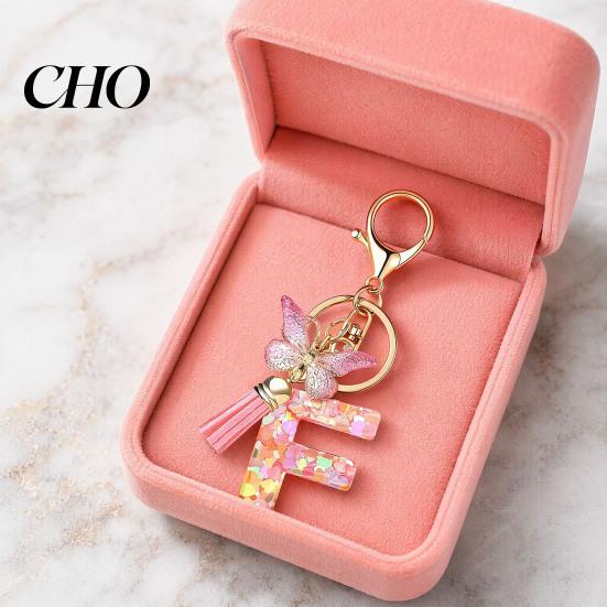 Pocket Keychain Pink Series Pendant, Sequins Heart Initial Letter Charm Key Chain with Backpack Butterfly Tassel Design, A-Z Holder for Bag