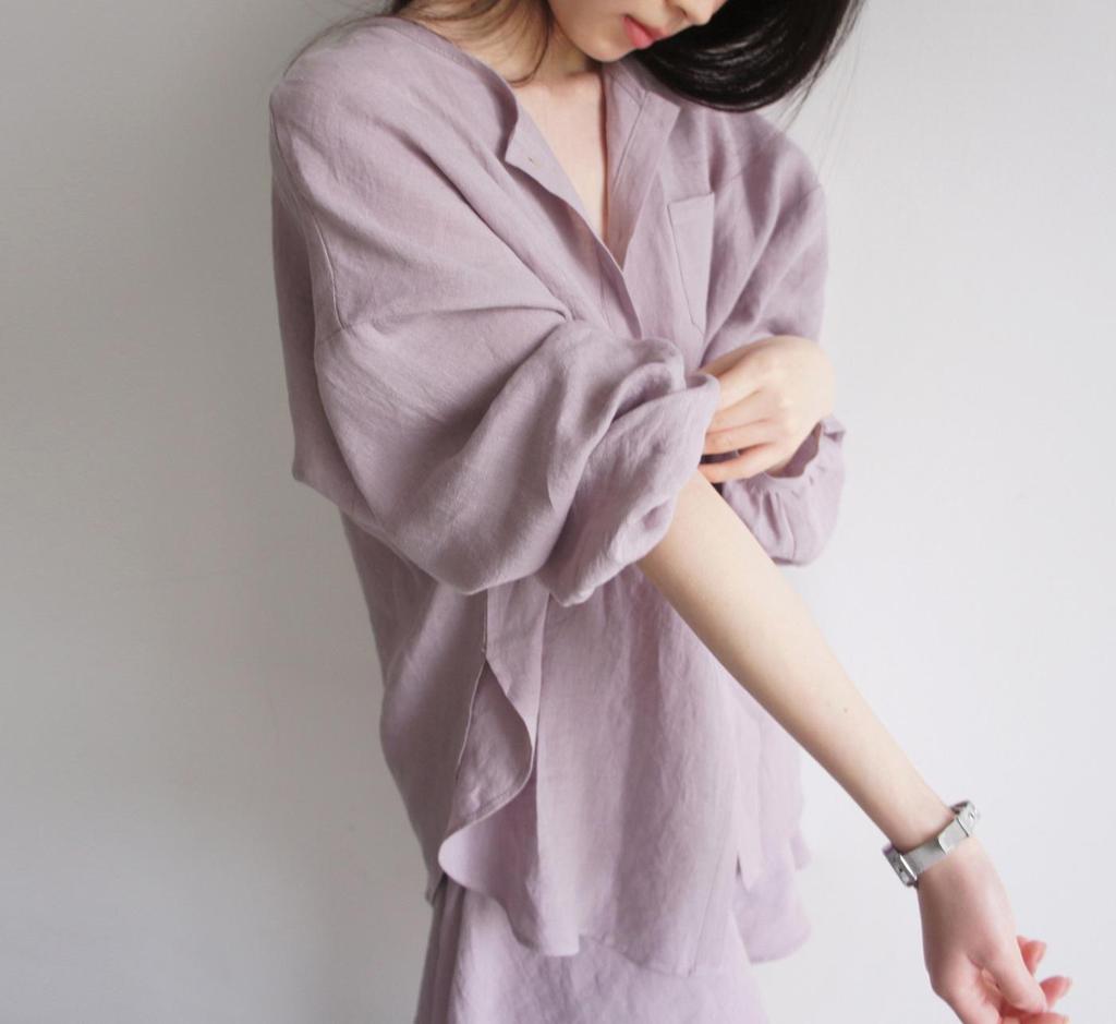 High-End Grayish Purple Linen Long-Sleeve Shirt & Culottes Set