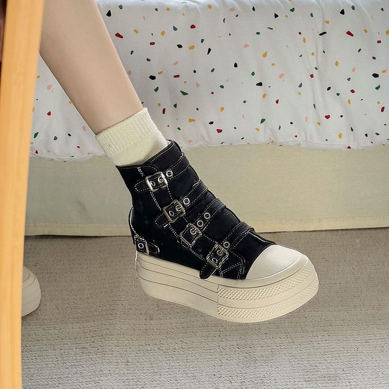 Fashion Women's High Top Canvas Sneakers Design Buckle Strap Zip Simplicity Female Shoes 2025 High Street Grace Waling Shoes
