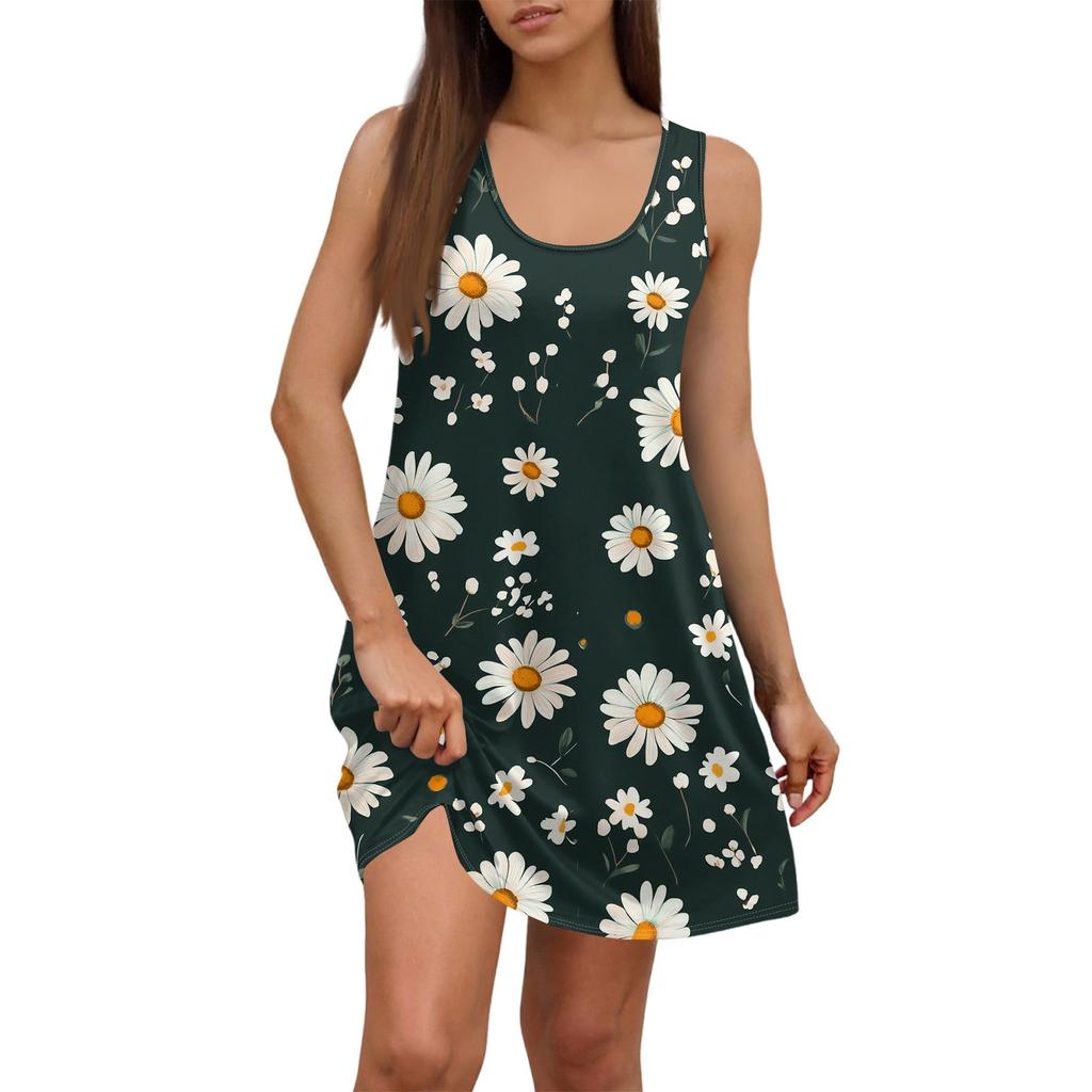 Damen Sommerkleid, lässig, quadratischer Ausschnitt, Blumendruck, ärmellos, mit Taschen