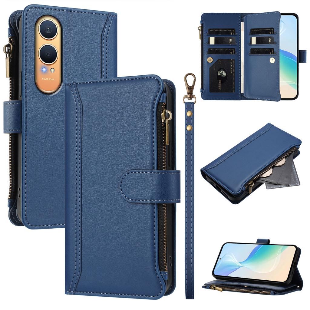 For Oppo K12x 5G (China)/OnePlus Nord CE4 Lite 5G Leather Case 9 Card Slots Zipper Wallet Stand Phone Cover with Wrist Strap