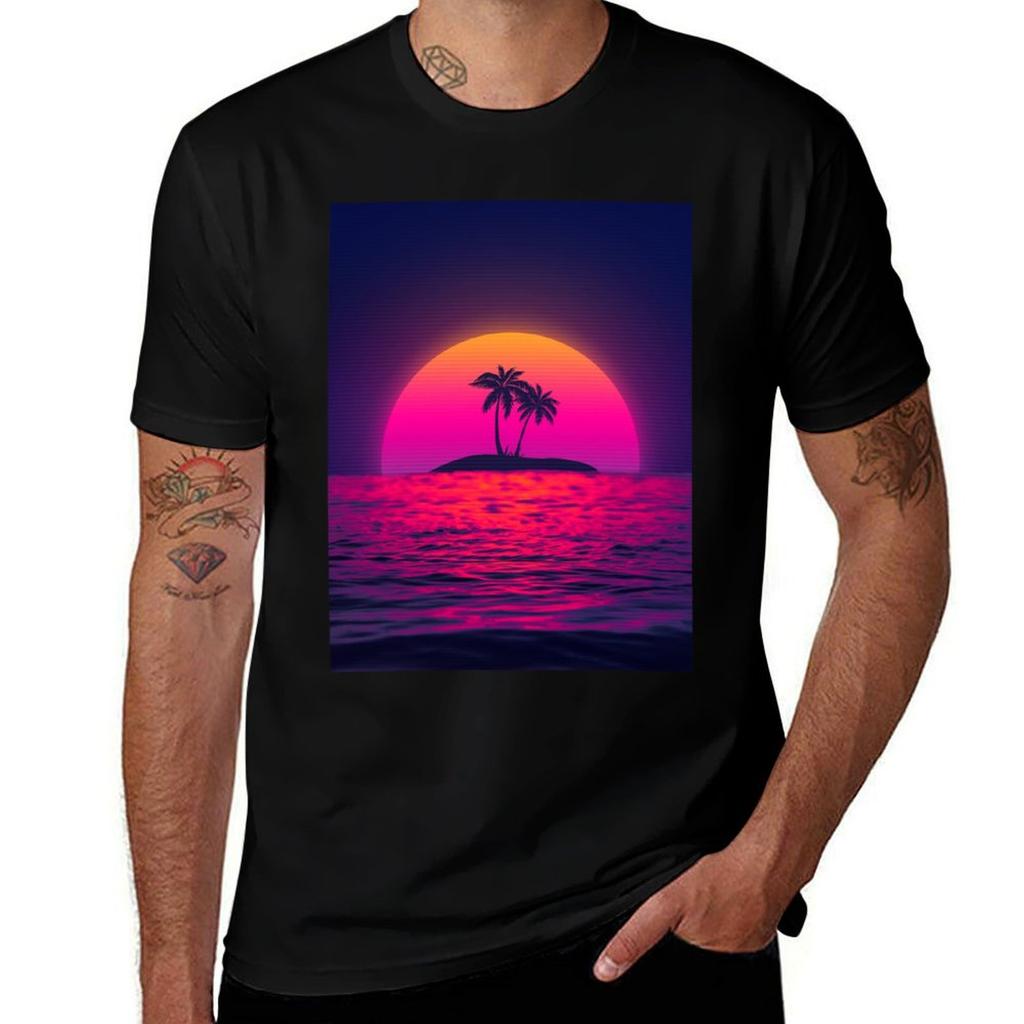 80s Beach Sunset Vaporwave Tshirt Large Size Short Sleeve Tshirt