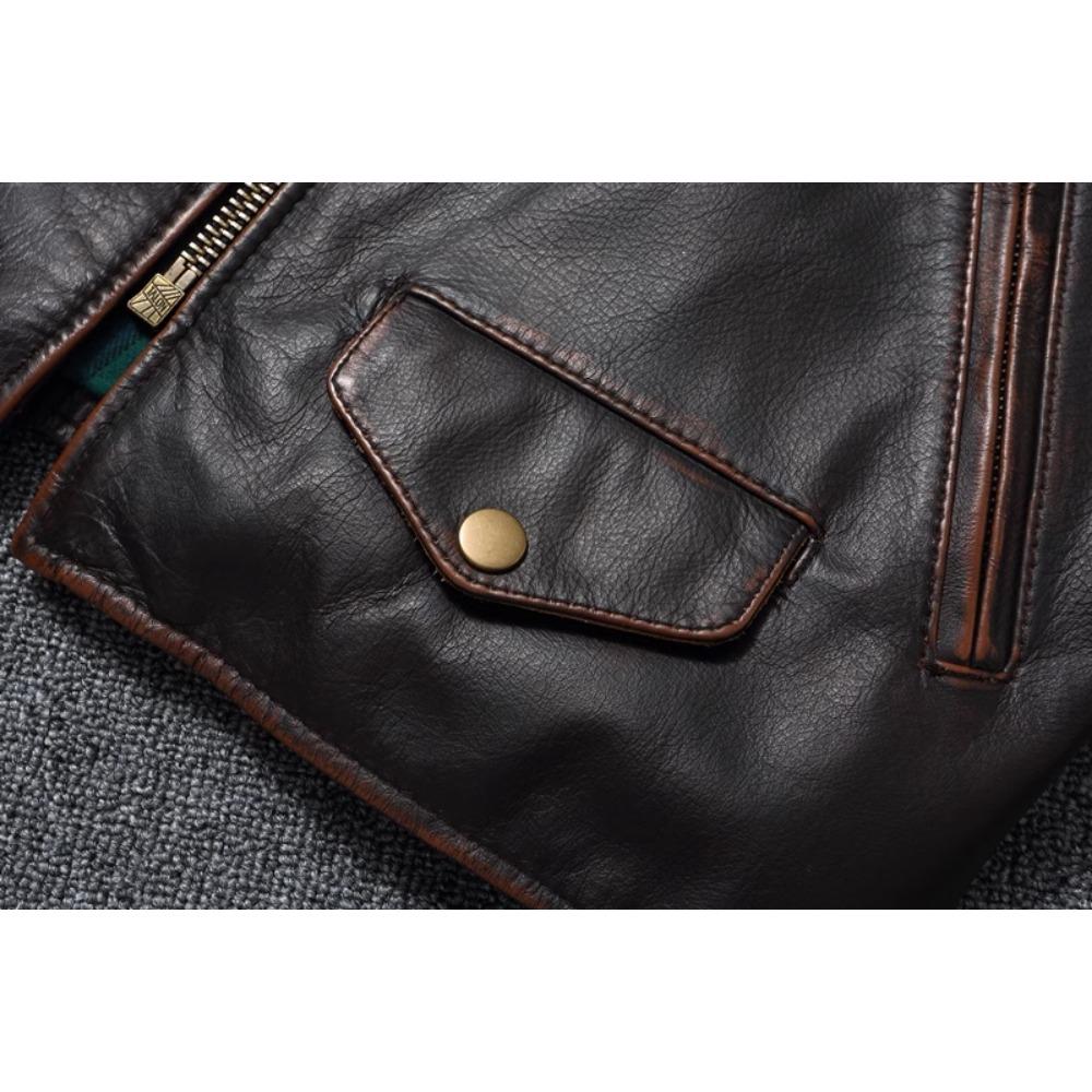 Style RL Top Layer Oil Waxed Cowhide Real Leather Jacket Men Stand Collar Brown Motorcycle Coat Men's Biker Jacket Spring Autumn