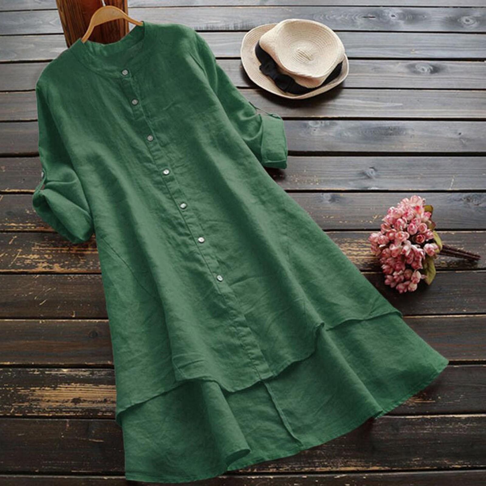 

Женский кардиган с длинными рукавами, однотонная хлопково-льняная длинная свободная тонкая рубашка на пуговицах M зелёный