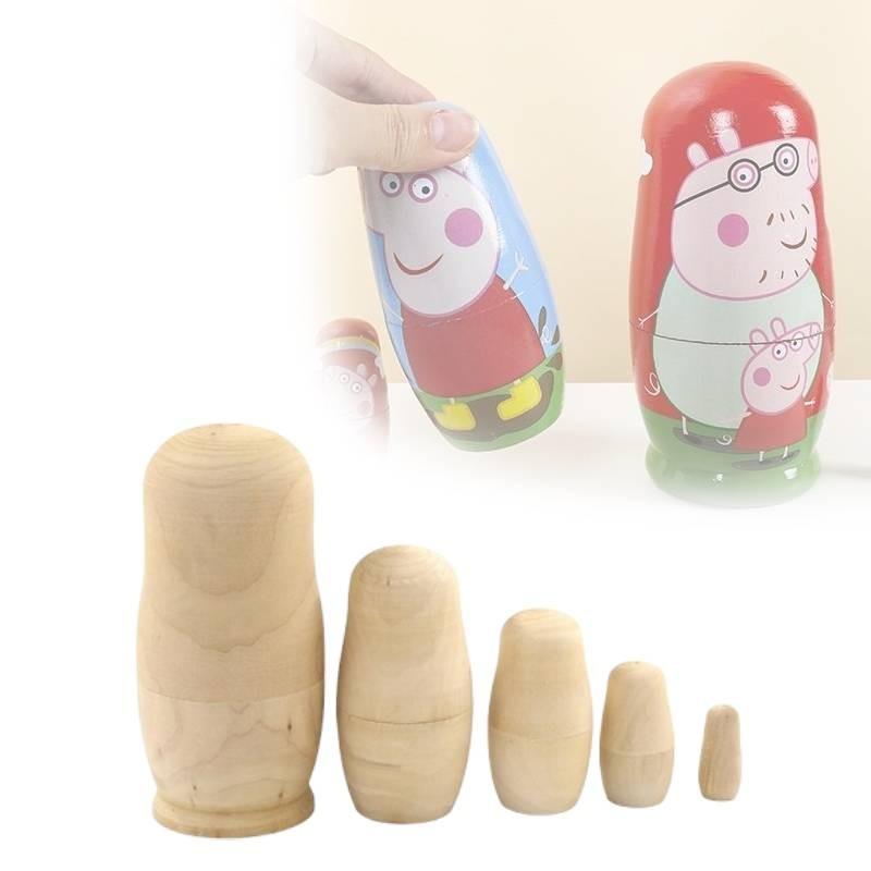 Diy 5pcs Unpainted Blank Wooden Embryos Russian Nesting Dolls Toy Matryoshka