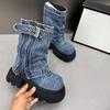 Fashion Belt Buckle Pleated Fake Two-piece Women's Boots Round Toe Square Heel Side Zipper Mid-Calf Boots Blue Denim Women Shoes