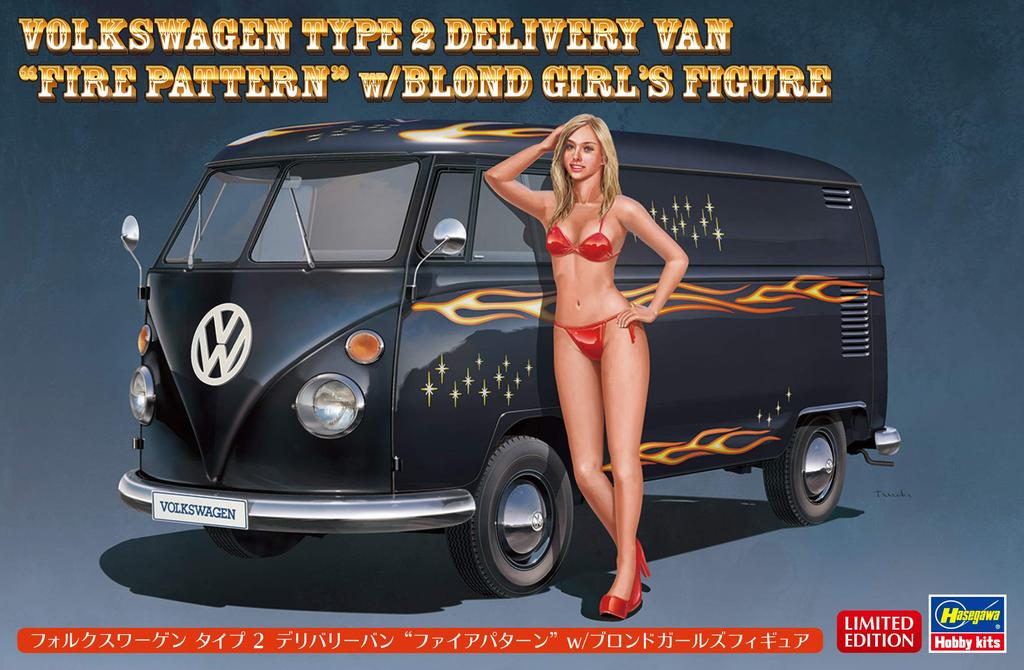 Hasegawa Volkswagen Type 2 Delivery Van Fire Pattern Girls Figure Plastic Model SP464 1/24 w/Blonde