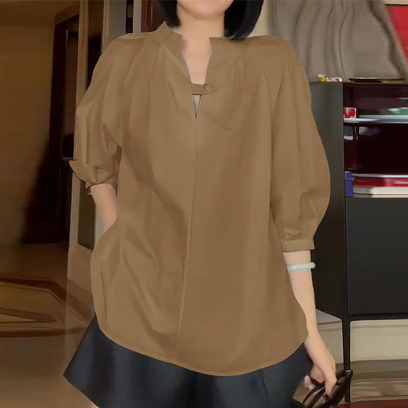 VONDA Women's Summer Standing Collar Bubble Short Sleeve Tie Button Solid Colour Loose Blouse