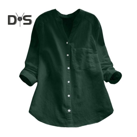 Dame vår høstskjorte topp ensfarget løs passform pustende stoff V-hals lange ermer Single-breasted Casual Top Streetwear