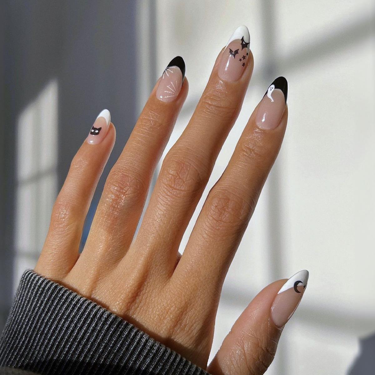 

Ghostly French Tip Halloween Almond Fake Nails - Black & White