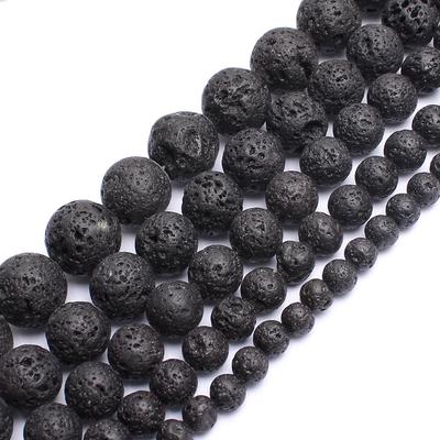 Cuentas sueltas redondas de piedra de Lava negra Natural para soporte para fabricación de joyas 15 ''4/6/8/10/12mm