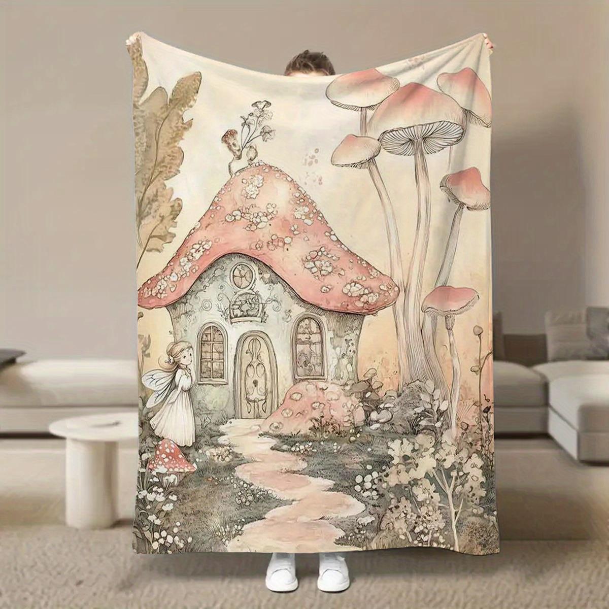 

1 manta de casa de setas y cabaña de hadas del bosque encantado, manta suave de franela para todas las estaciones con rosa 75x90cm