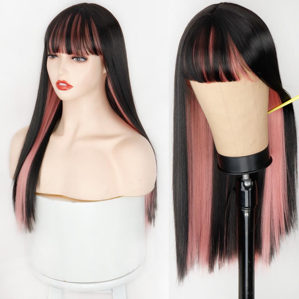 MISSQUEEN Pink and Black Wig Two Layers of Wigs Long Straight Hair Cosplay Wig Two Tone Ombre Color Women Synthetic Hair Wigs Lolita Wig