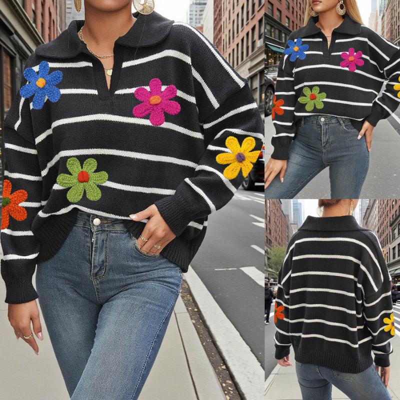 

Pullover Top Women s Striped Three-dimensional Wool Embroidery Flower Patchwork Polo Neck Sweater L чорний