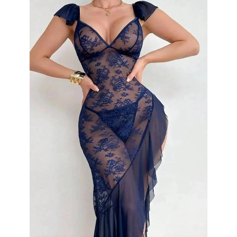 Sheer Sexy Pure Desire Strap Long Dress Nightgown Ruched Mesh Bowknot Slit Nightdress Transparent Flower Print Dress Charm RSOA