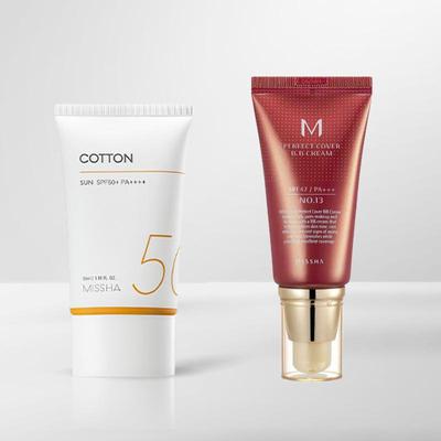 All Around Safe Block Cotton Sunscreen SPF50+/PA++++ with Missha Perfect Cover BB Cream (6 Options)