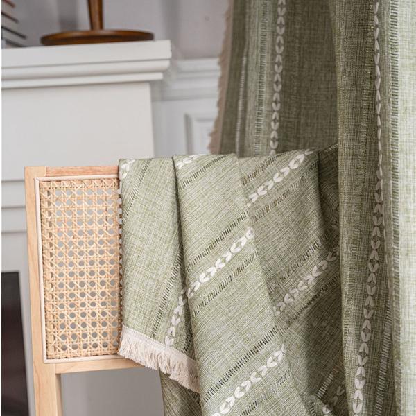 2026High Quality Finished Curtains, Striped Embroidery, Green Solid Color Contrast, Kitchen Curtains, Rural Style, Semi Shaded Bay Windows