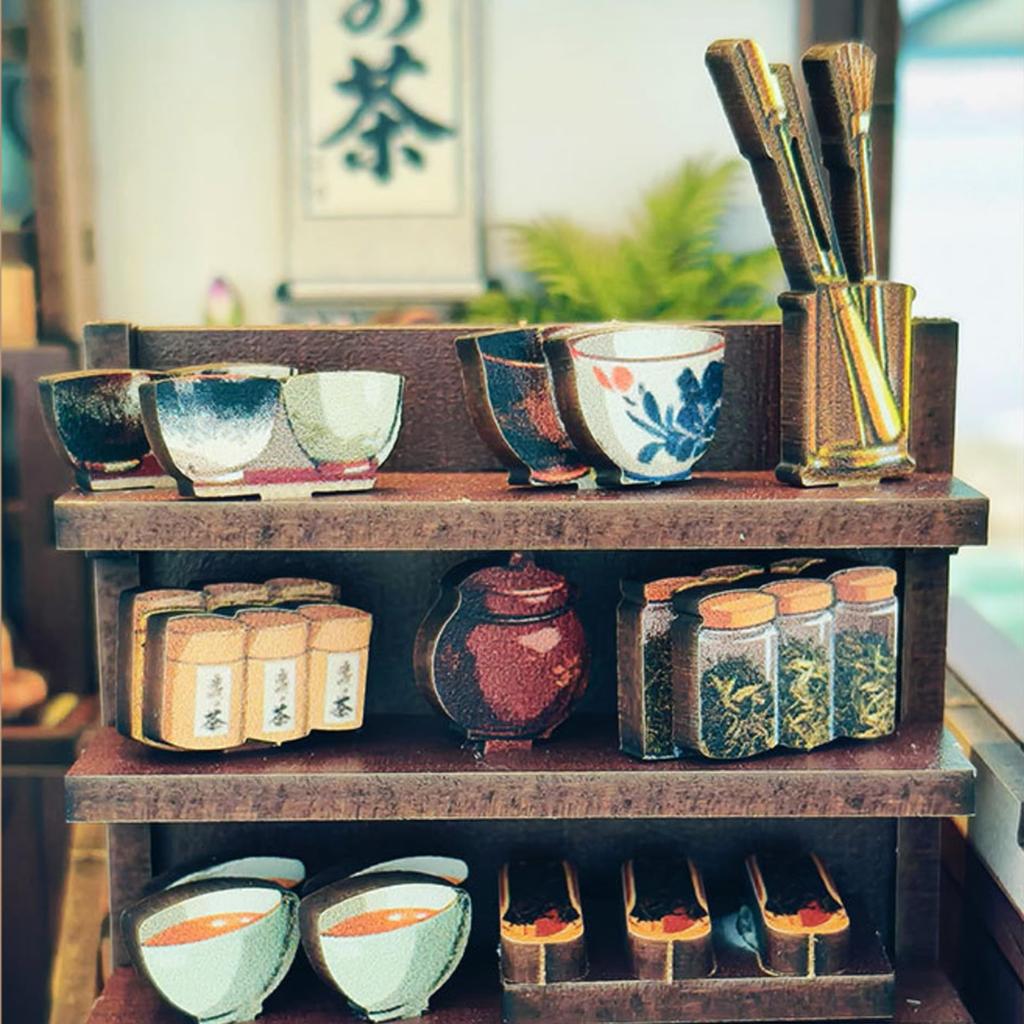 Pixie Curio Book Nook Kit 3D Wooden Puzzle Cherry Blossom Tea House Dollhouse Kit Miniature Style Cherry Blossom with Lucky Cat Figurine and LED Light