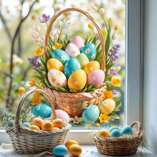 Window Sticker Healing Spring Window Scene Peel Stick Static Privacy Film Easter Bunny Egg Design Windows Doors Mirrors Decal