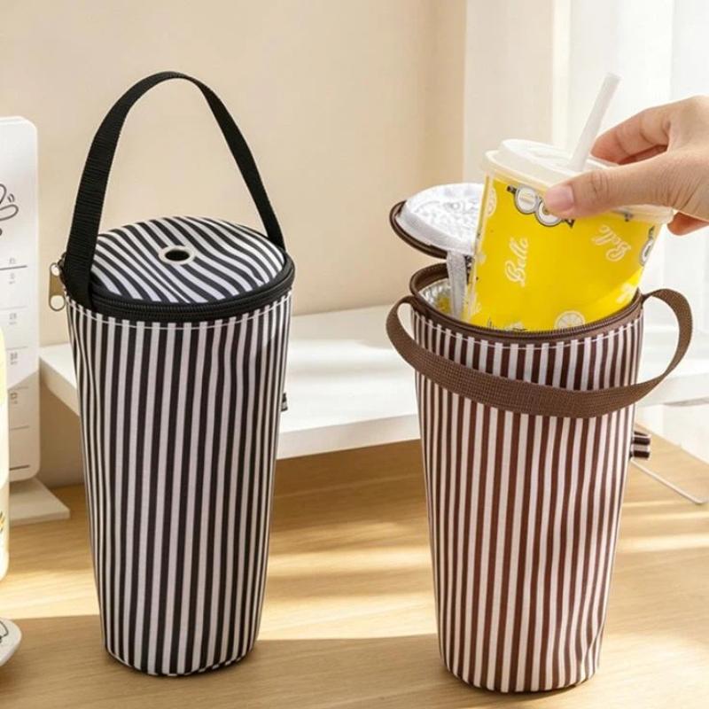 Thermal Lined Striped Tumbler Bag with Handle Insulated Water Bottle Carrier for Commuting Outdoor Activities