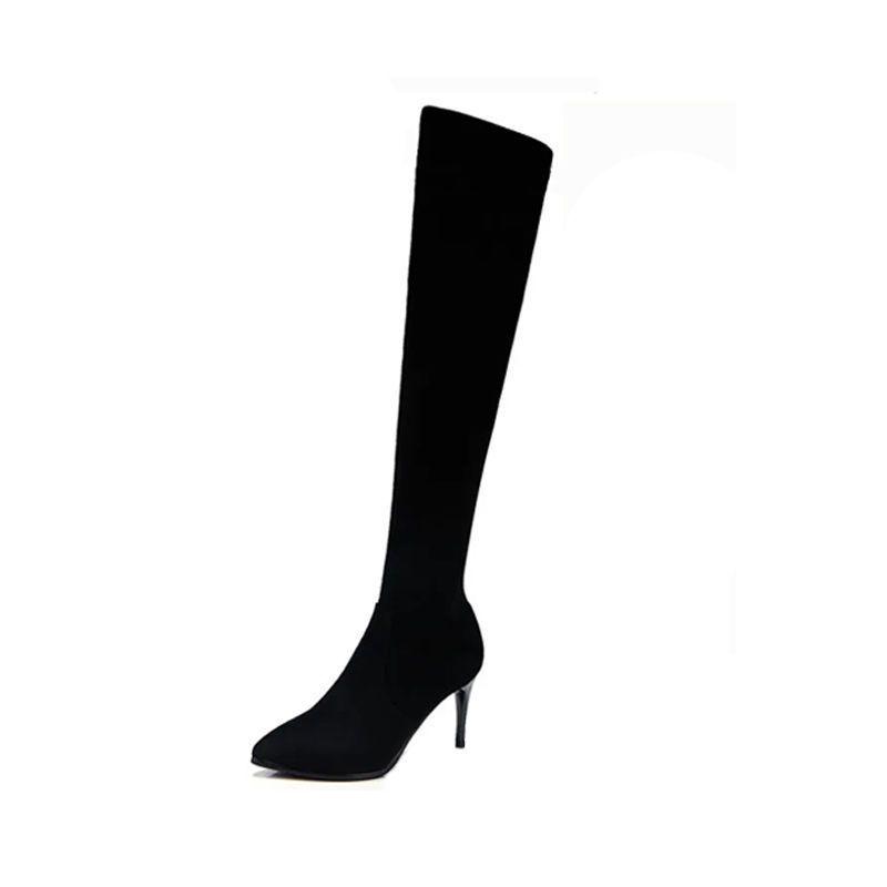 Women's Black Stiletto Over-the-Knee Boots with Velvet, 2025 Autumn/Winter Korean Style
