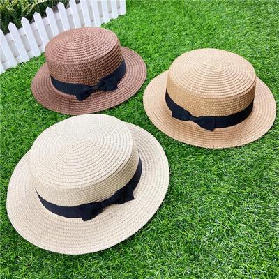 Dames strooien zonnehoed in Koreaanse stijl met platte rand en strik – Trendy zomerstrandhoed voor zonbescherming